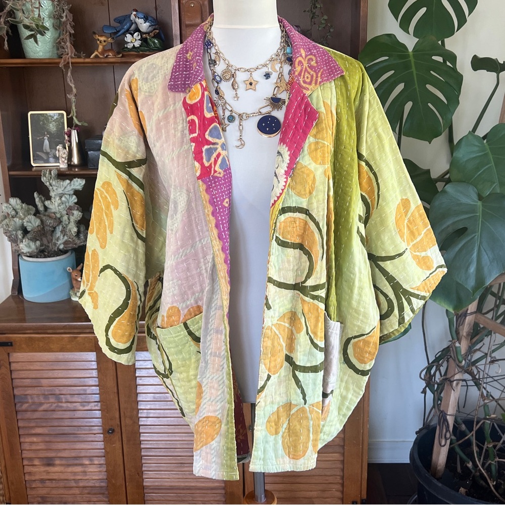 Kantha Sobo Threads Colorful Reversible Patchwork Kimono Jacket NWOT